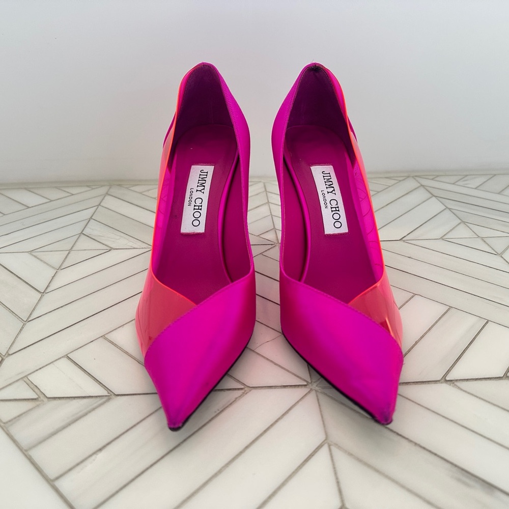 Jimmy Choo Fuchsia Cass Satin & PVC Heels, Size 37.5